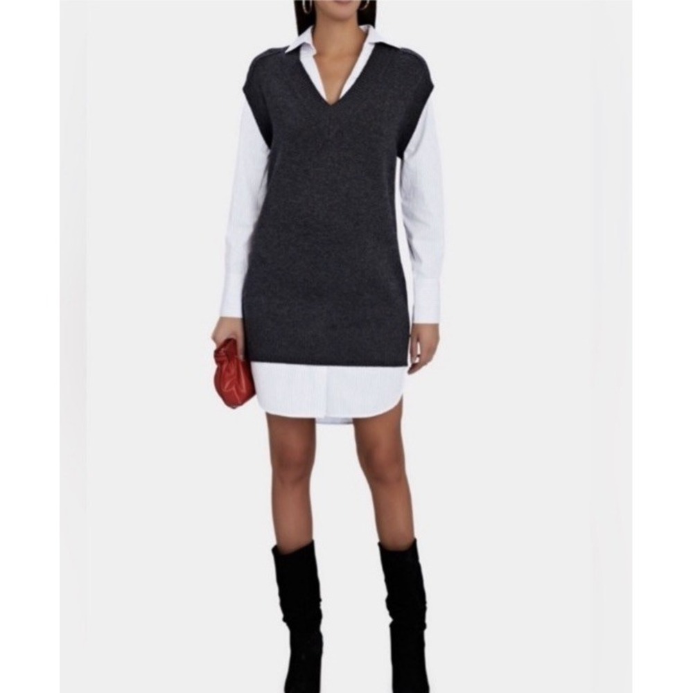 Brochu Walker NYE Sweater Vest Dress Charcoal Pin Stripe Layered Shirt Sz S